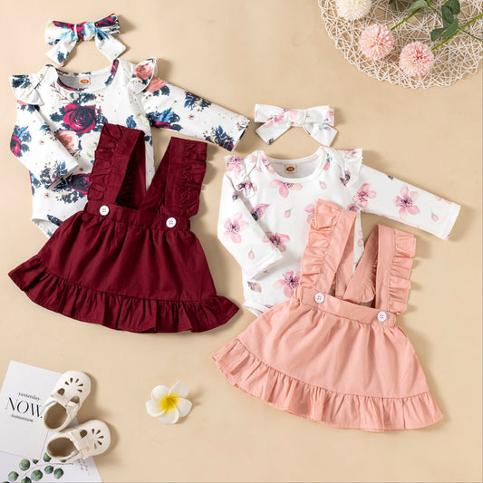 Printed Long-sleeved Baby Girl Romper Two-color Strap Ruffled Dress Headdress Three Pieces